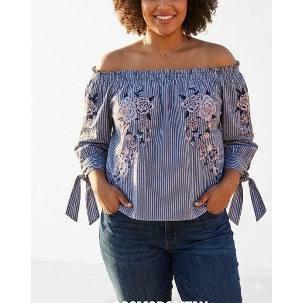 American Eagle Top XL Blue Stripe Floral Embroidered Off Shoulder Vacation Boho